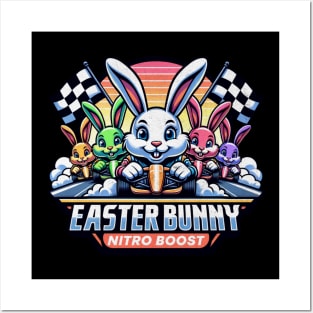 Easter Bunny Nitro Boost Cute Racing Bunnies Checkered Flag Race Track Happy Easter Rabbit Racer Posters and Art